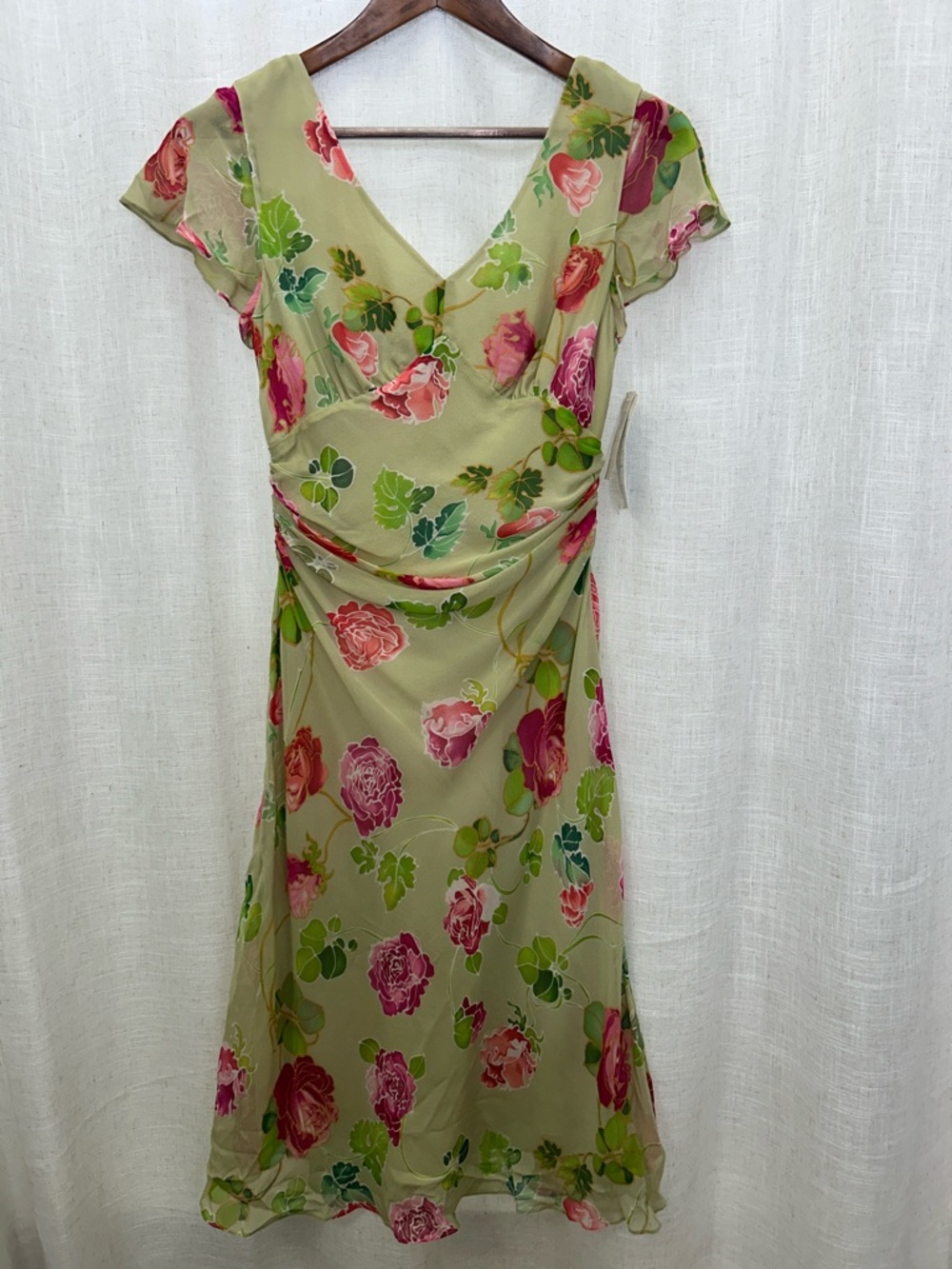 Spenser Jeremy Vintage Green Pink Floral Silk V-Neck Dress Size 6